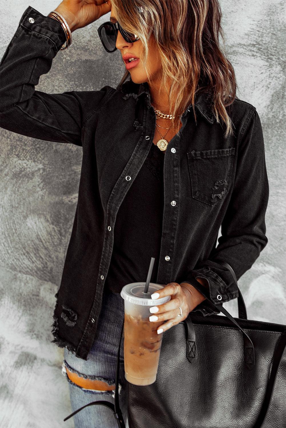 Distressed Snap Down Denim Jacket - Jacket