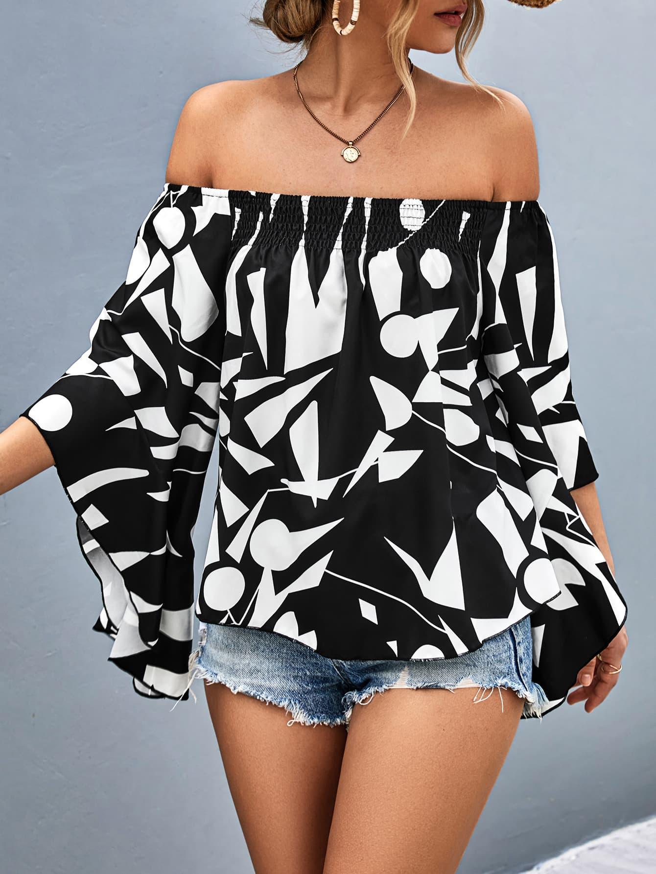 Geometric Off-Shoulder 3/4 Flounce Sleeve Smocked Blouse - Blouse