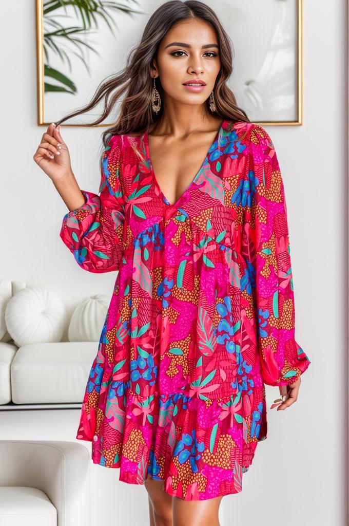 V-Neck Long Balloon Sleeve Mini Dress - Dresses