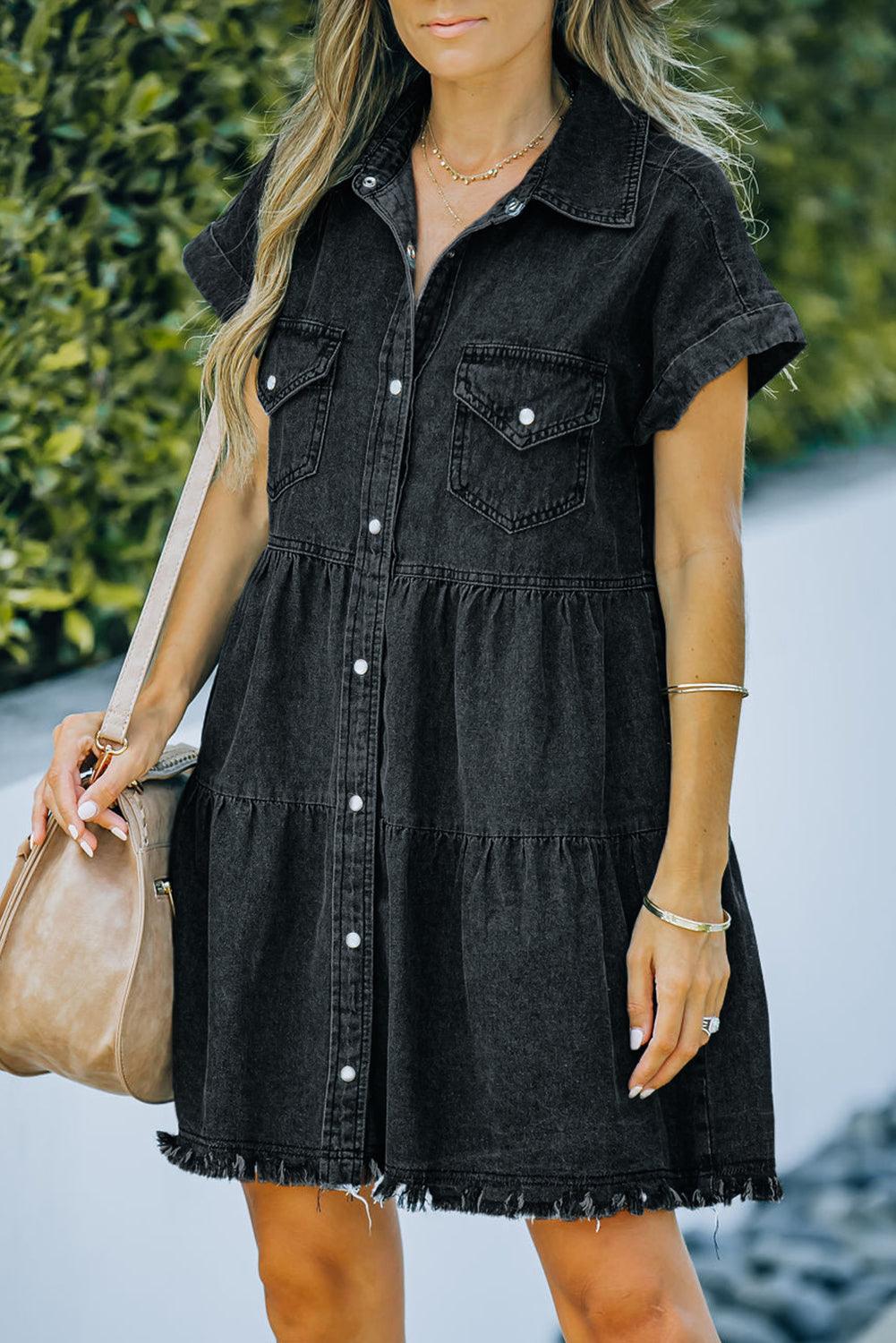 Button Front Raw Hem Denim Dress - Dresses