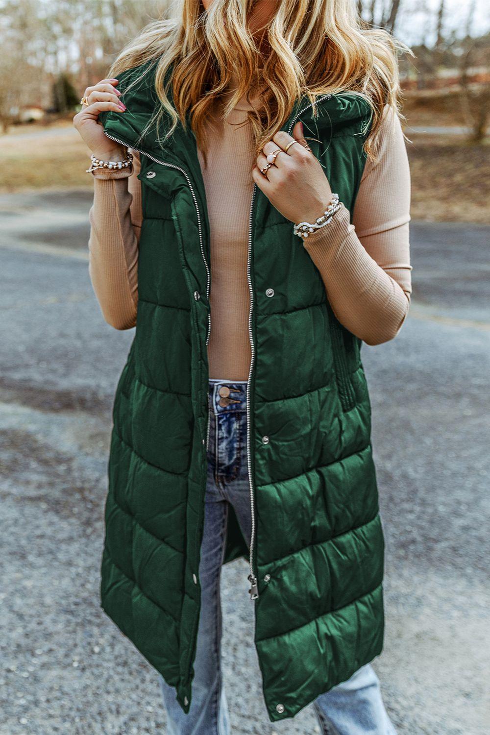 Longline Hooded Sleeveless Puffer Vest - Vest