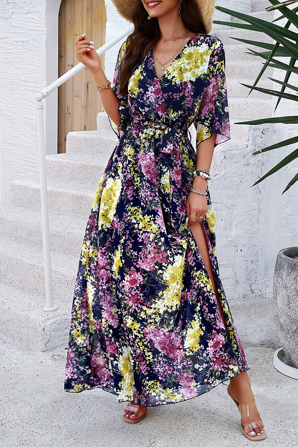 Printed Tied Half Sleeve Slit Maxi Dress