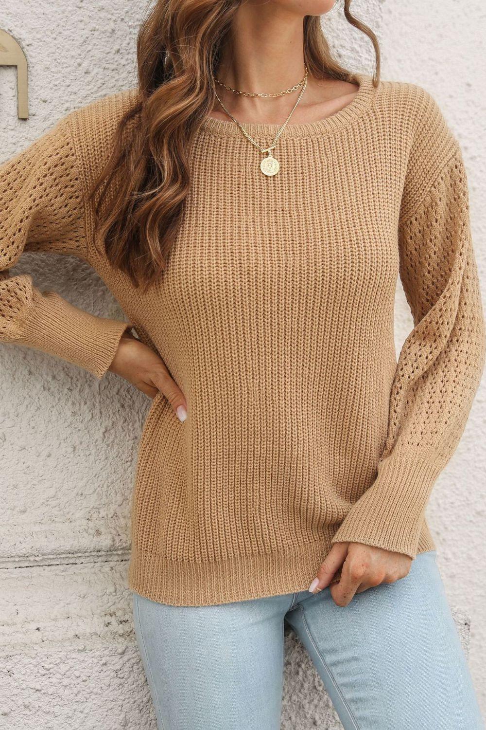 Ribbed Openwork Sleeve Round Neck Sweater - Sweater