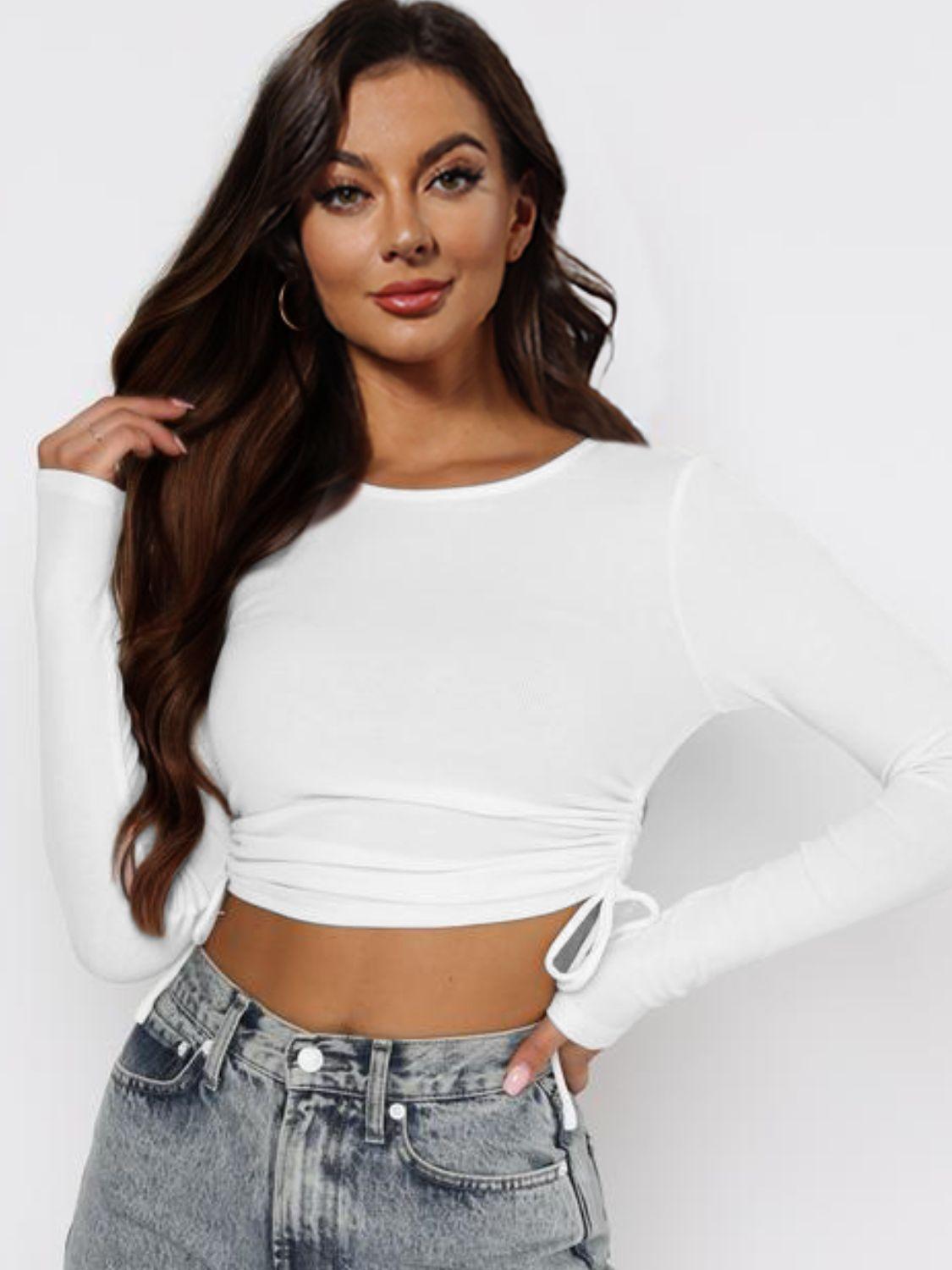 Cropped Drawstring Round Neck Long Sleeve Top - Top