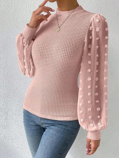 Swiss Dot Waffle-Knit Lantern Sleeve Top - Top