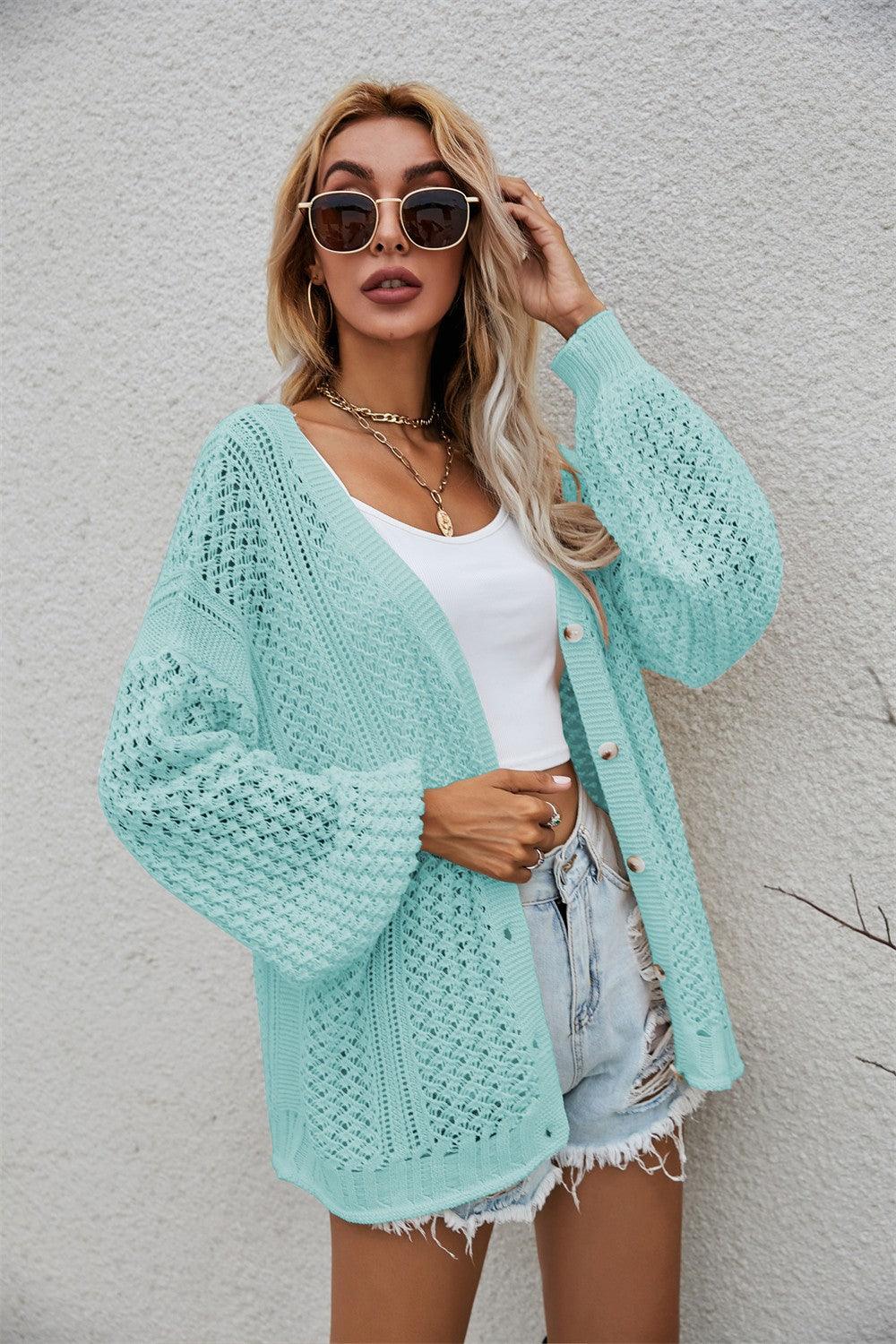 Openwork V-Neck Dropped Shoulder Cardigan - Cardigan