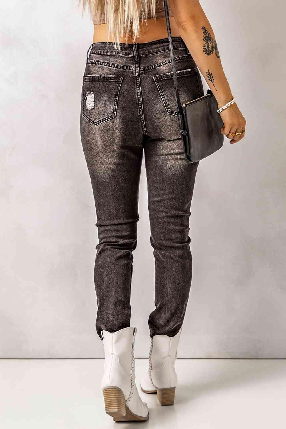 High Waist Raw Hem Skinny Jeans - Jeans