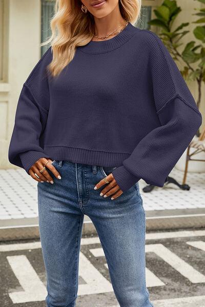 Round Neck Dropped Shoulder Crop Sweater - Sweater