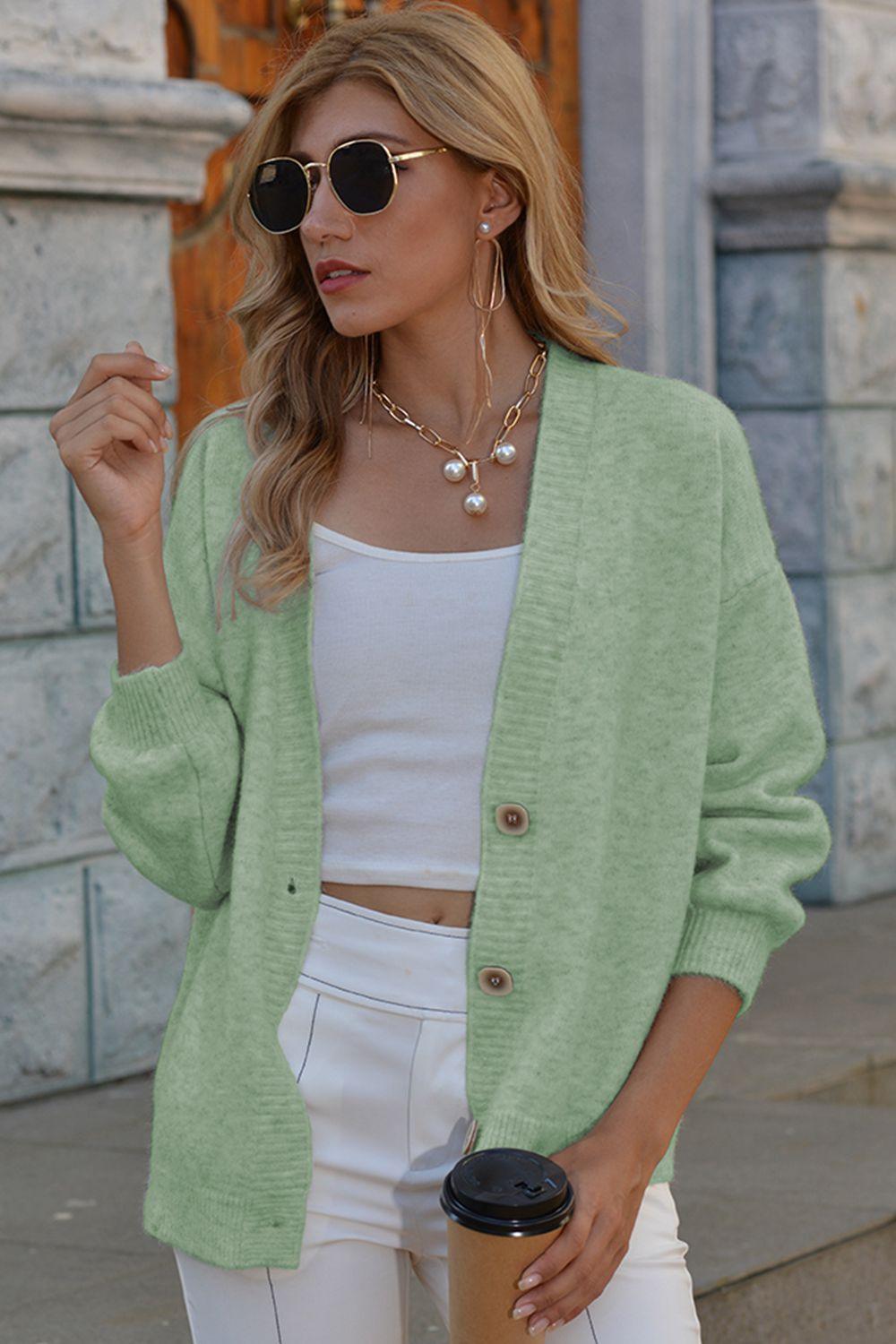 V-Neck Button-Down Dropped Shoulder Cardigan - Cardigan