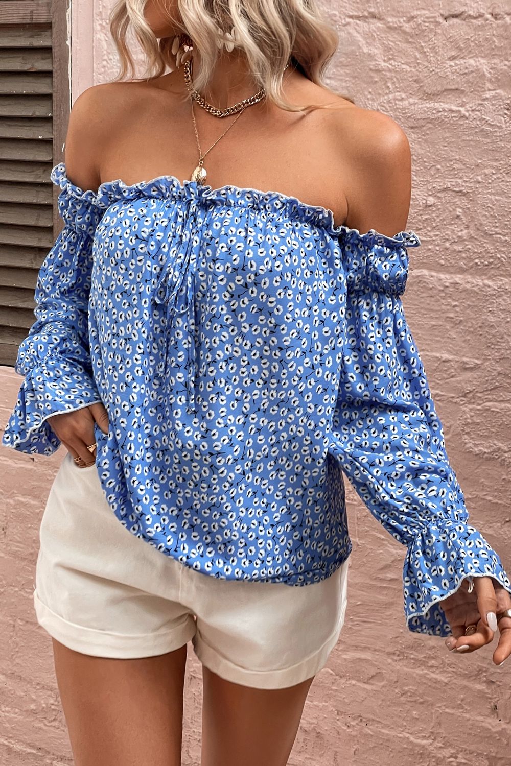 Floral Off Shoulder Frill Trim Top