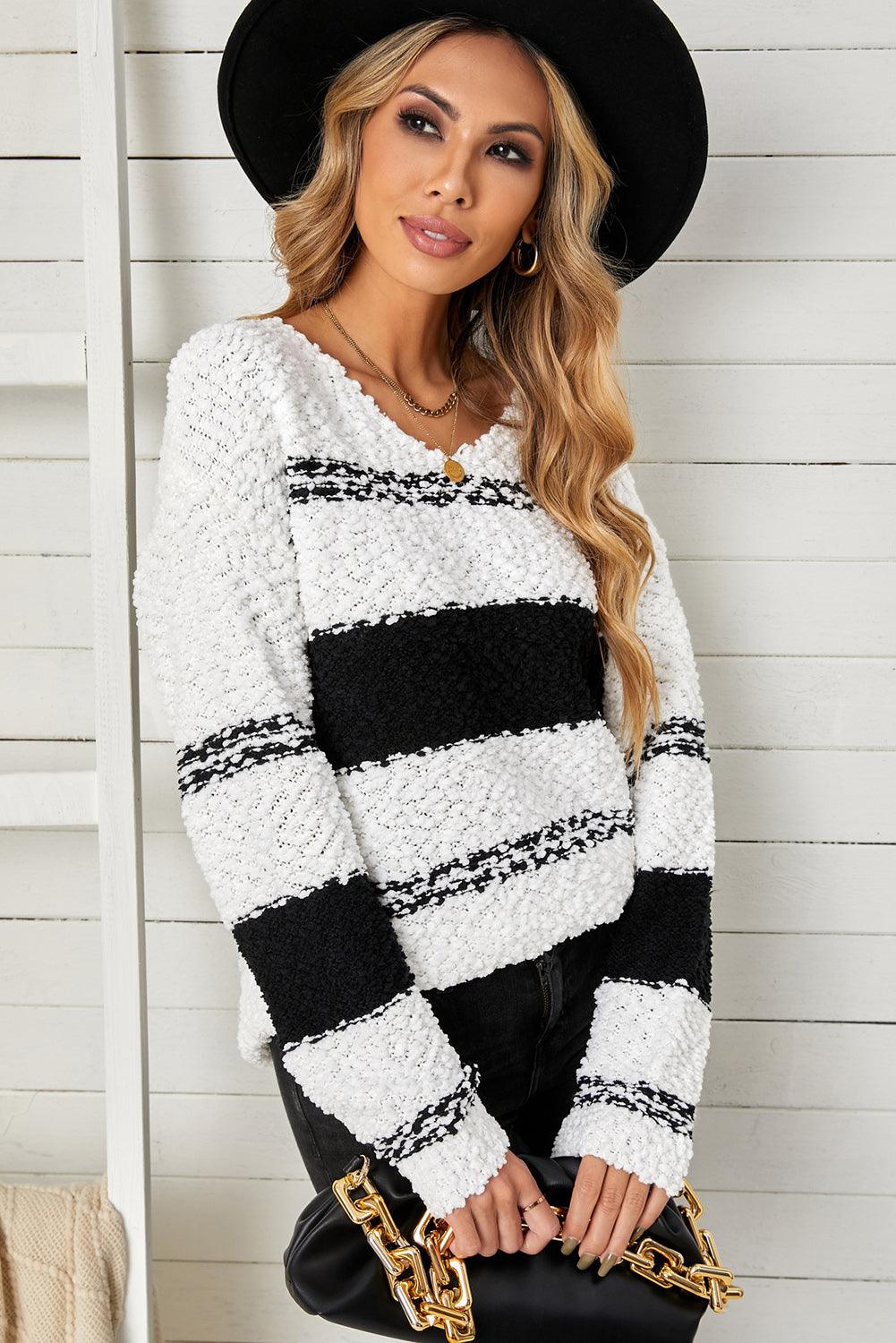 Striped V-Neck Popcorn Knit Sweater - Sweater