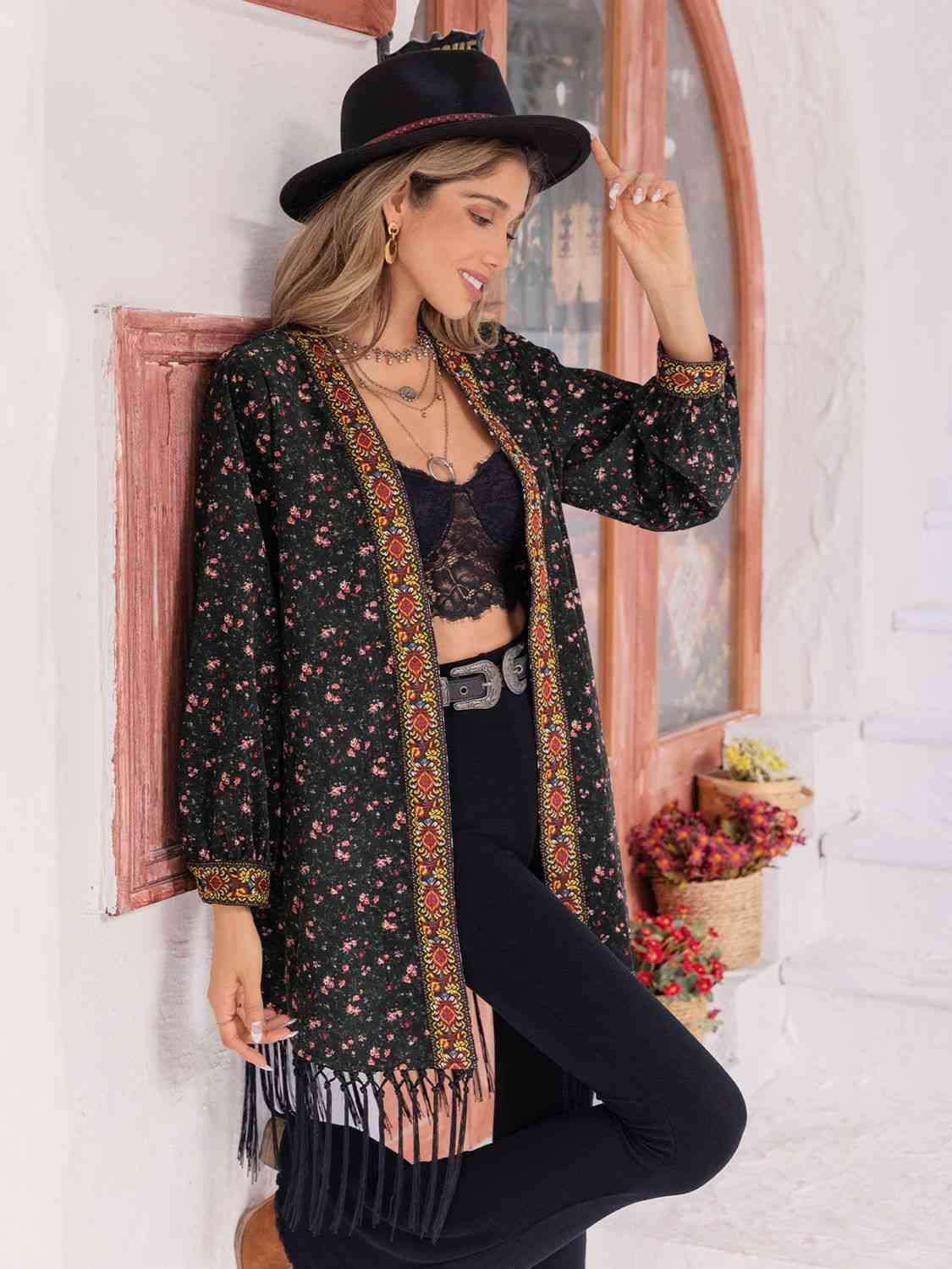 Printed Fringe Detail Cardigan - Cardigan