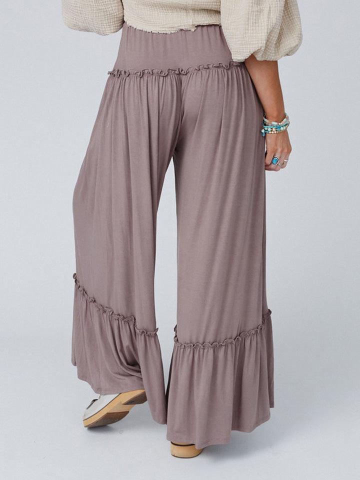 Ruffle Trim Drawstring High Waist Wide Leg Pants - Pant