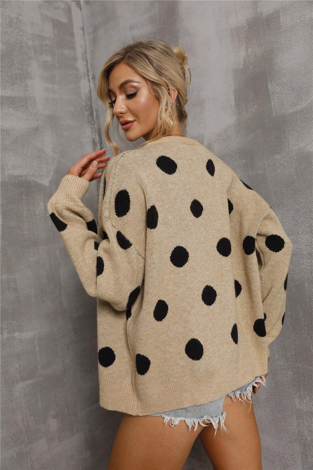 Dropped Shoulder Open Front Polka Dot Cardigan - Cardigan