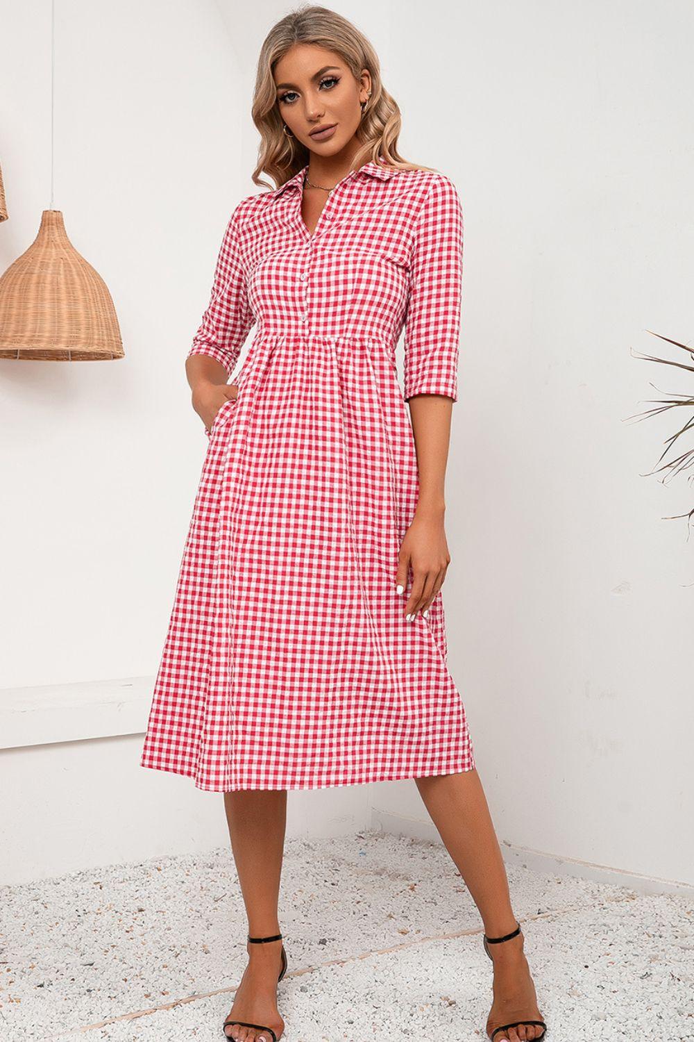 Plaid Collared Neck Midi Dress - Dresses