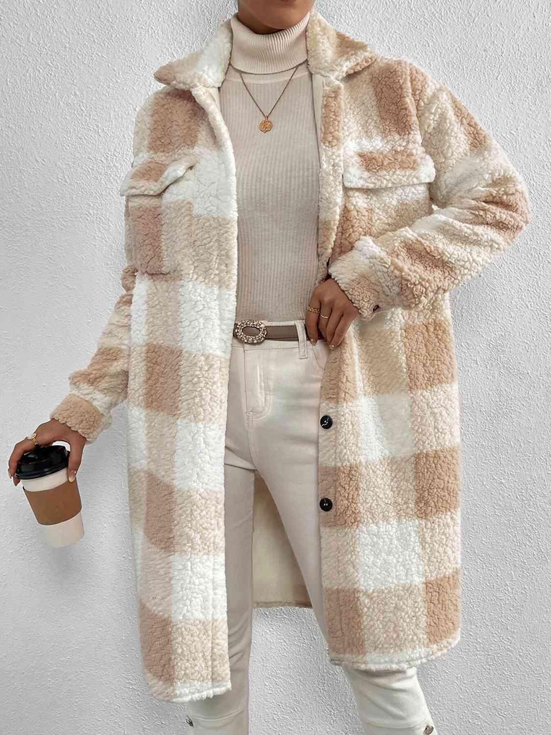 Plaid Button Down Fleece Coat - Coat