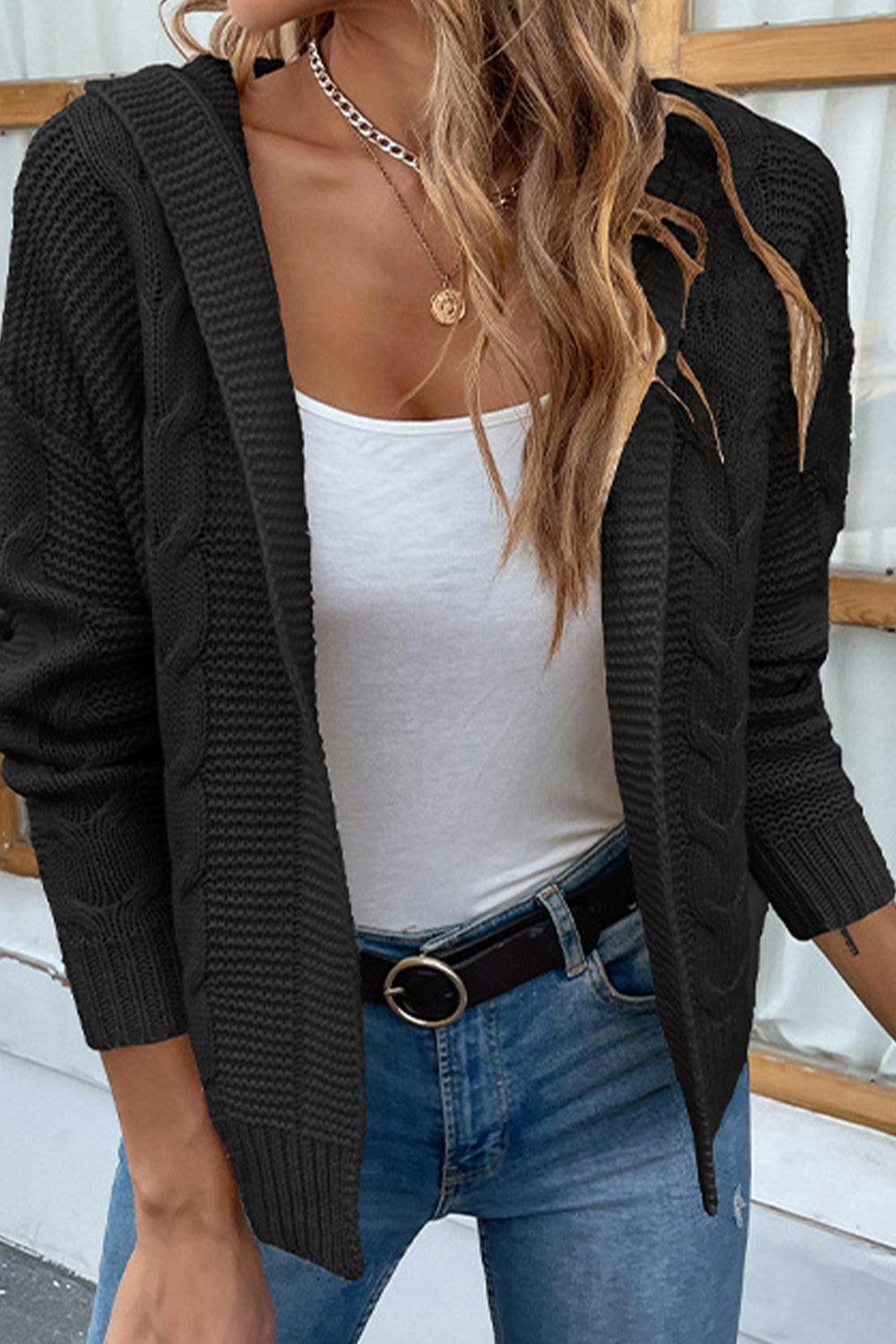 Cable-Knit Dropped Shoulder Hooded Cardigan - Cardigan