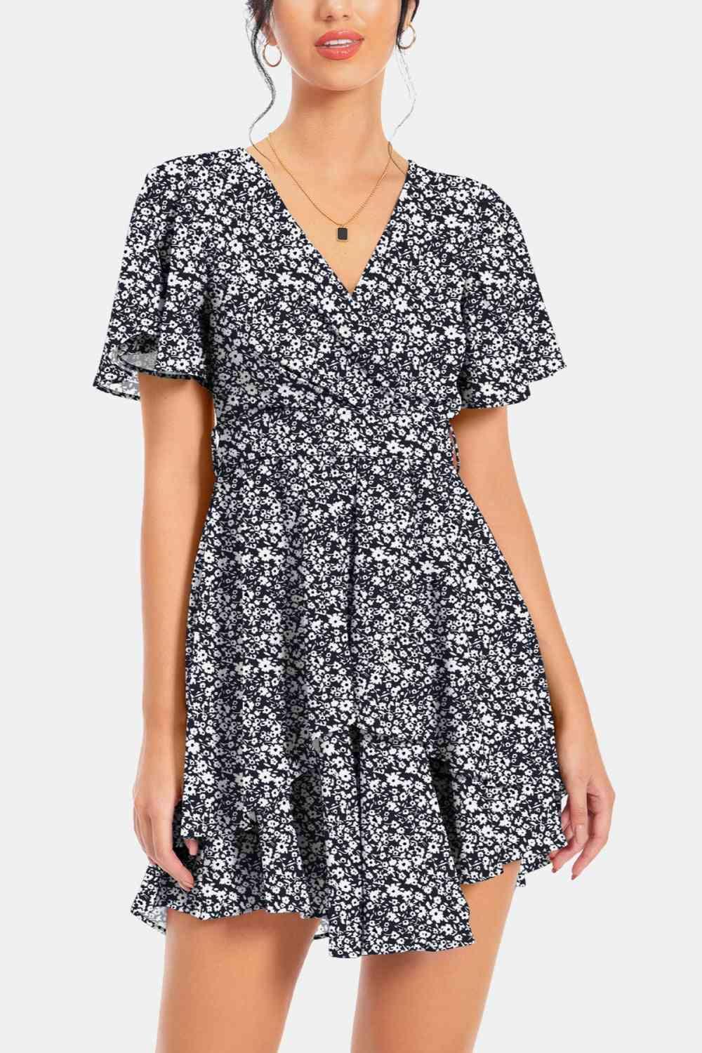 Surplice Neck Flutter Sleeve Mini Dress - Dresses