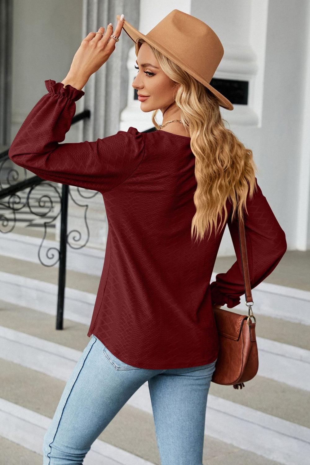 Round Neck Long Flounce Sleeve Top - Top