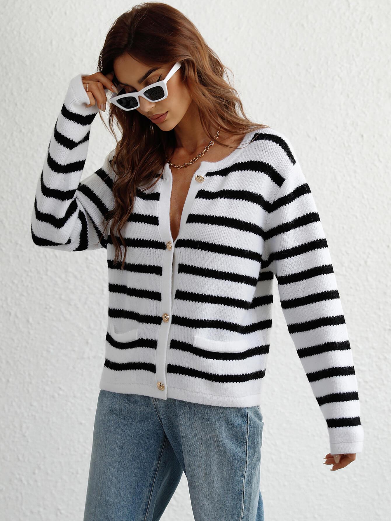 Woven Right Striped Button Front Cardigan - Cardigan