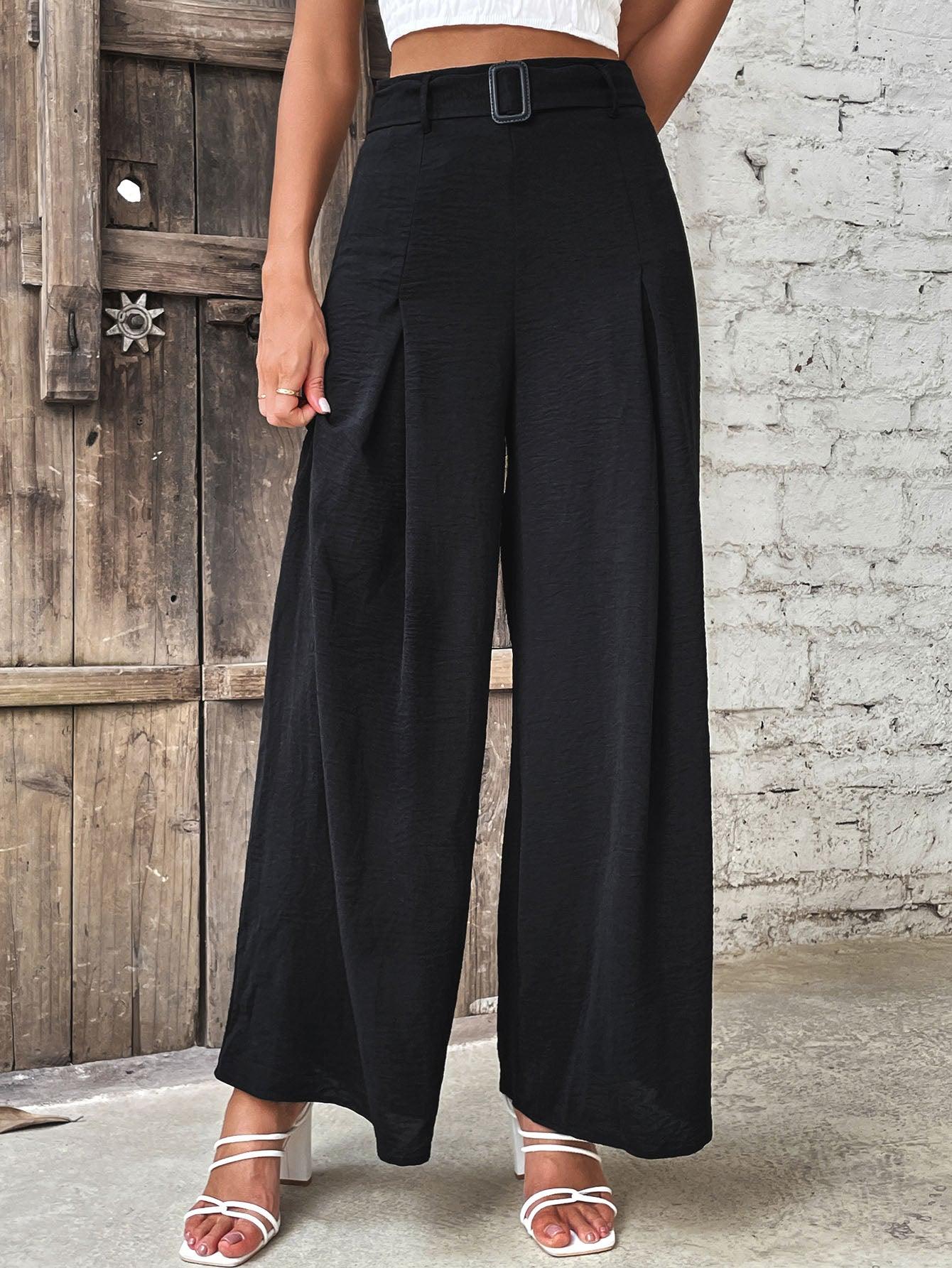 Belted Ruched High Waist Wide Leg Pants - Pant