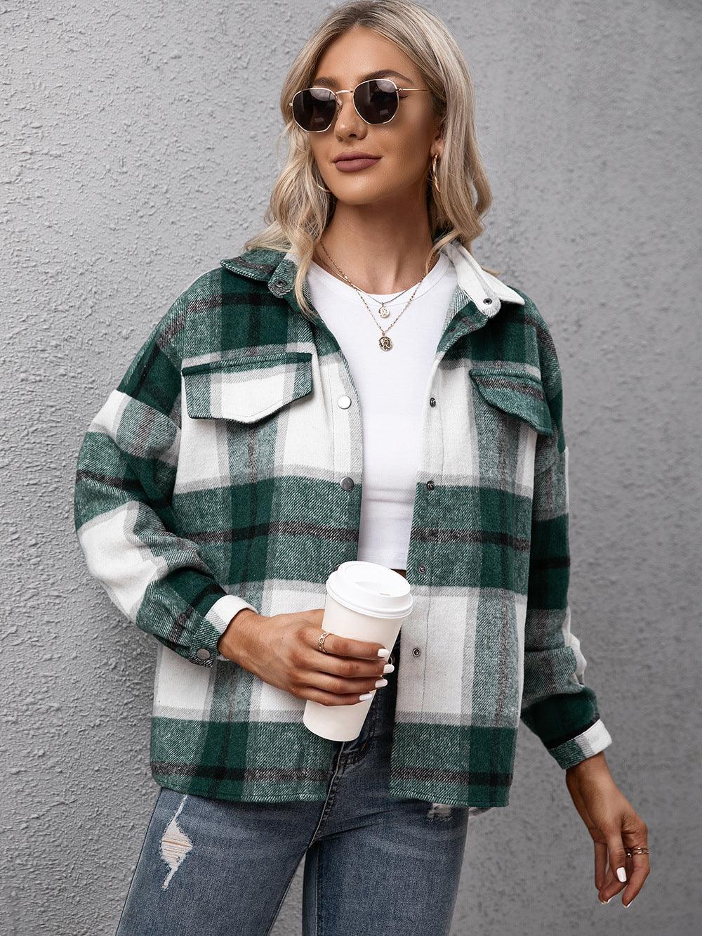 Plaid Long Sleeve Shirt Jacket - Jacket