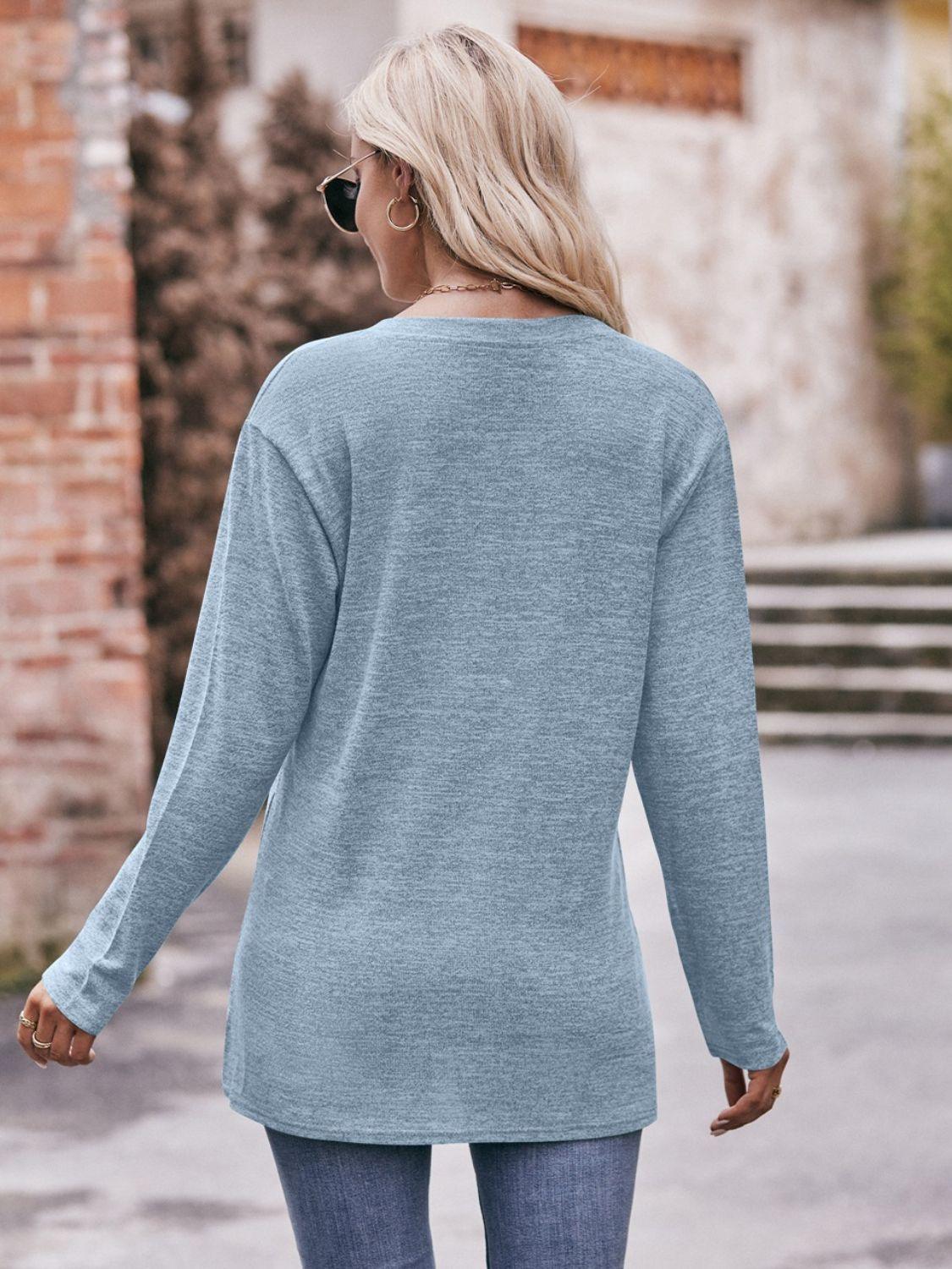 Double Take Buttoned Notched Neck Long Sleeve Top - Top