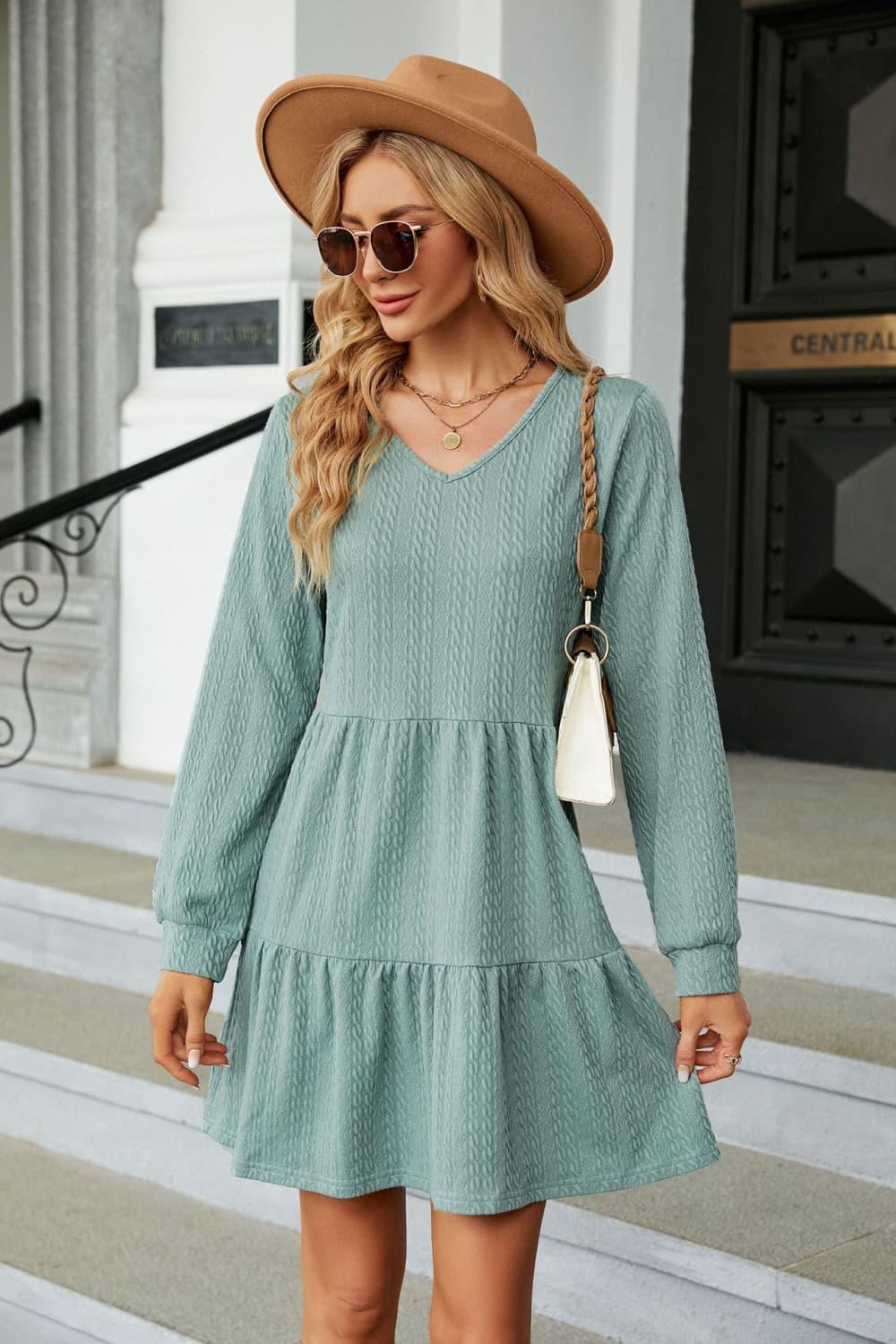 V-Neck Long Sleeve Tiered Mini Dress - Dresses