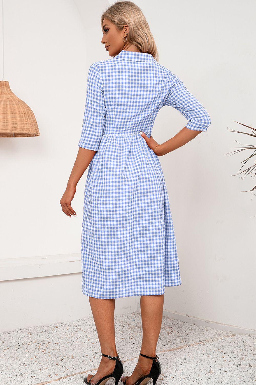 Plaid Collared Neck Midi Dress - Dresses