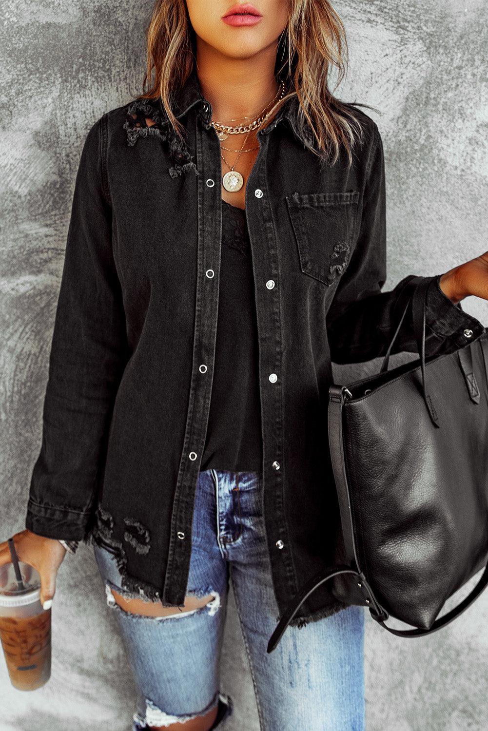 Distressed Snap Down Denim Jacket - Jacket