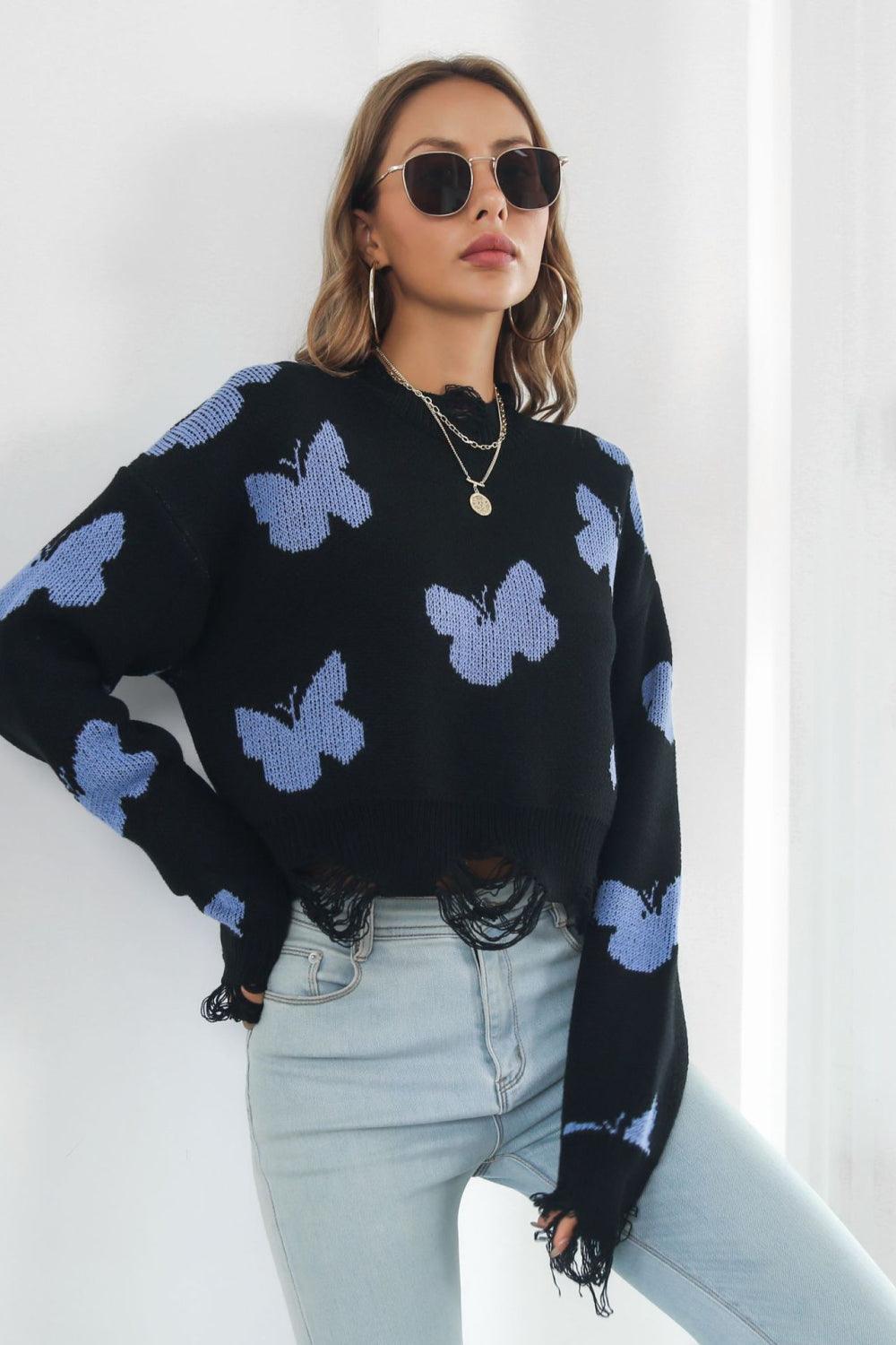 Butterfly Cropped Distressed Ribbed Sweater - Sweater