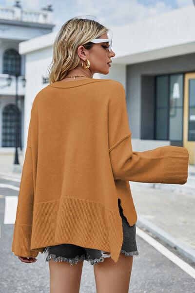 High-Low Slit Round Neck Sweater - Sweater