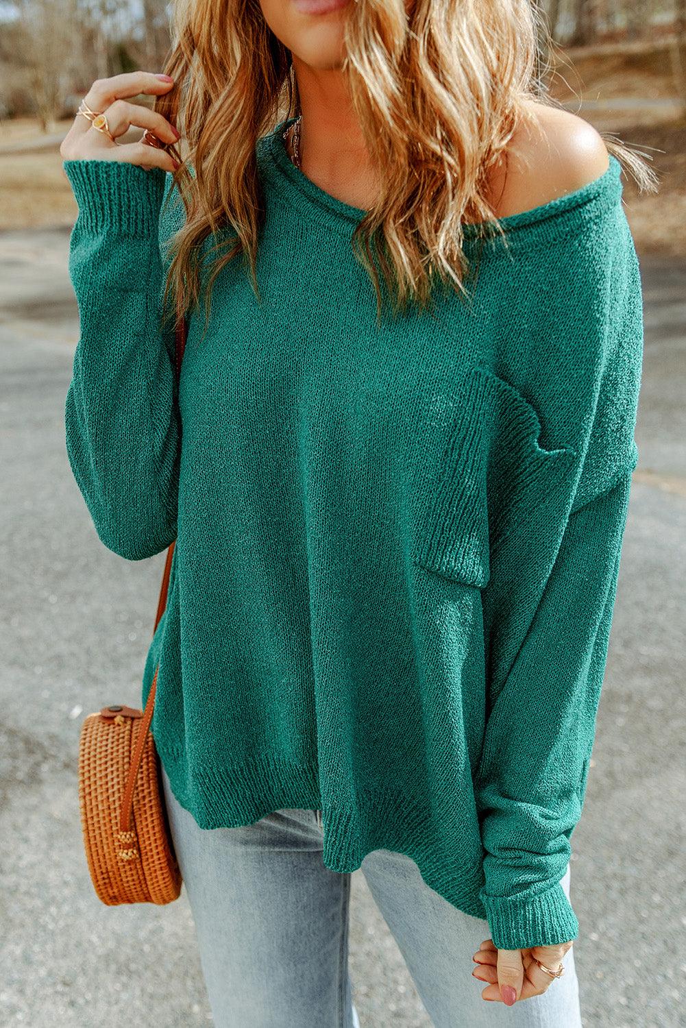 Dropped Shoulder Boat Neck Sweater with Pocket - Sweater