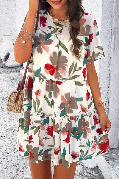 Floral Tiered Round Neck Mini Dress - Dresses