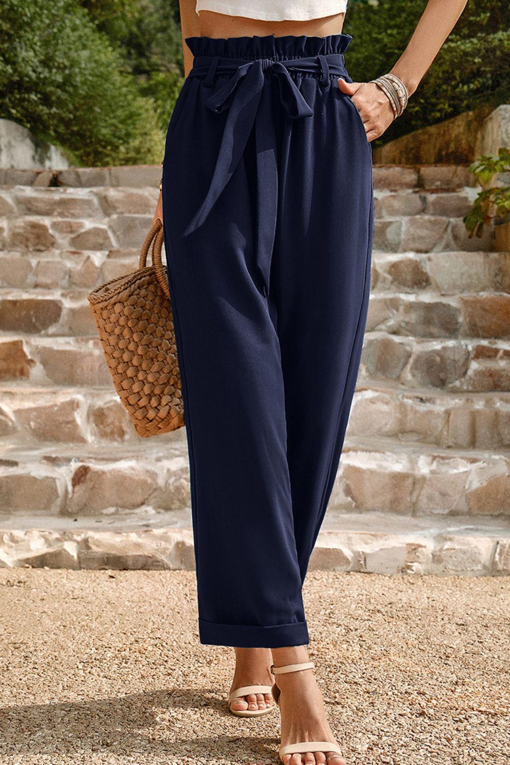 Cropped Tie Belt Paperbag Waist Straight Leg Pants - Pant