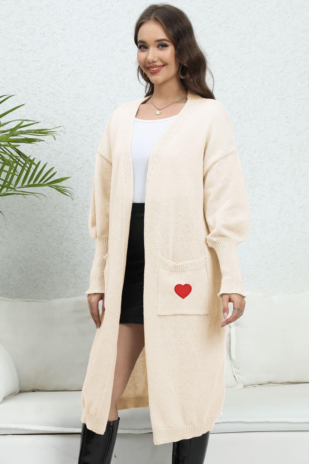 Lantern Sleeve Open Front Pocketed Cardigan - Cardigan