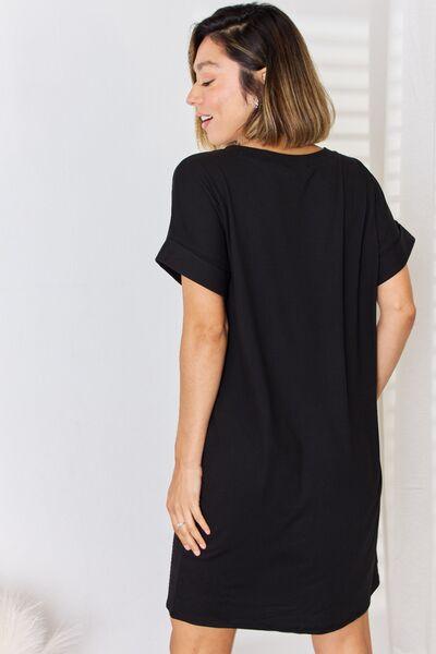 Zenana Rolled Short Sleeve V-Neck Dress - Dresses