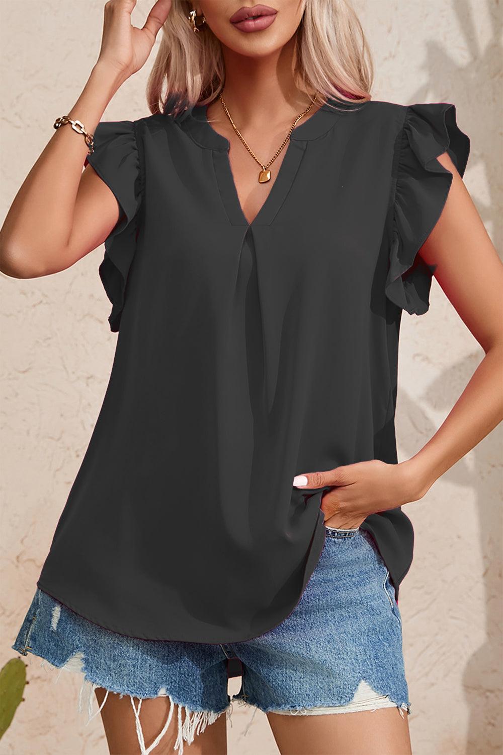 Ruffled Notched Cap Sleeve Blouse - Blouse