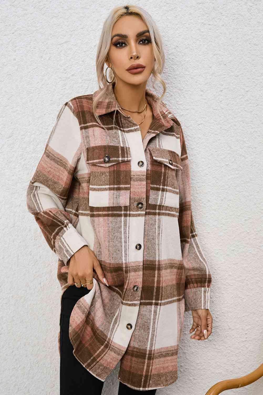 Plaid Collared Neck Longline Jacket - Jacket