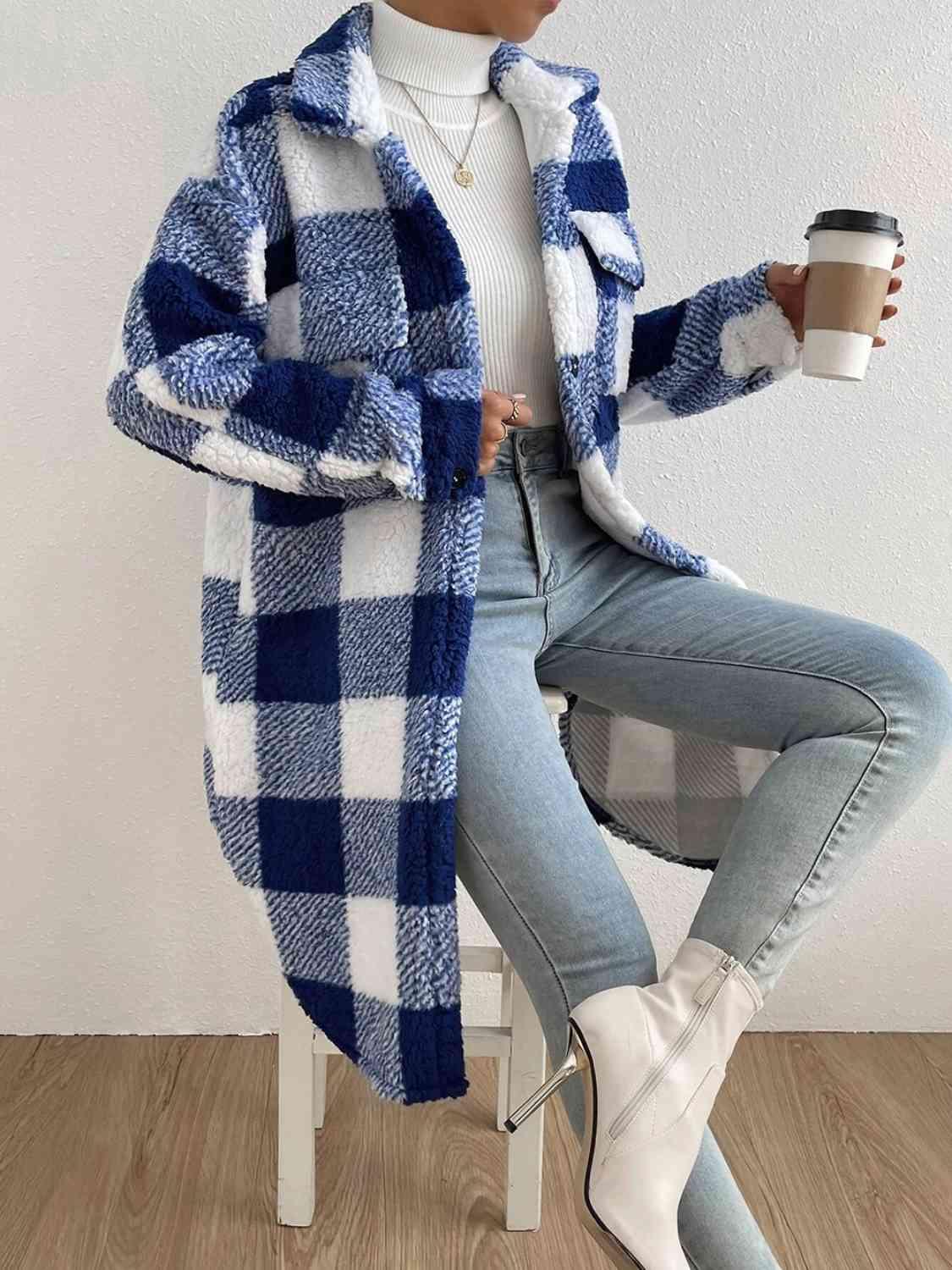 Plaid Button Down Fleece Coat - Coat