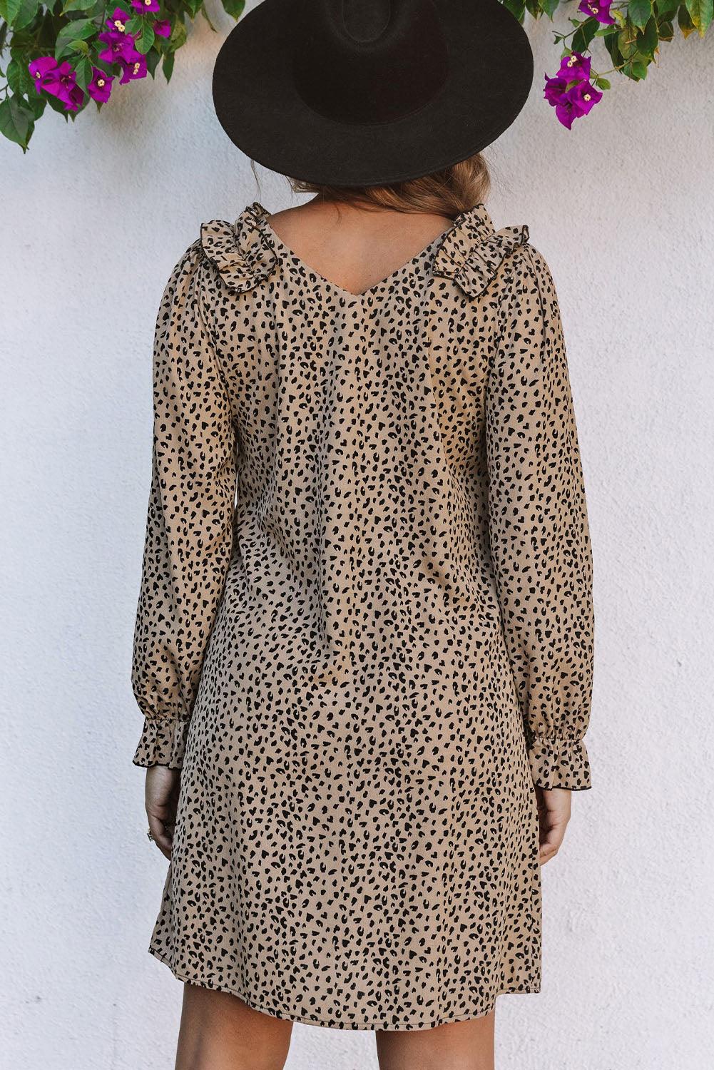 Leopard V-Neck Long Sleeve Mini Dress - Dresses