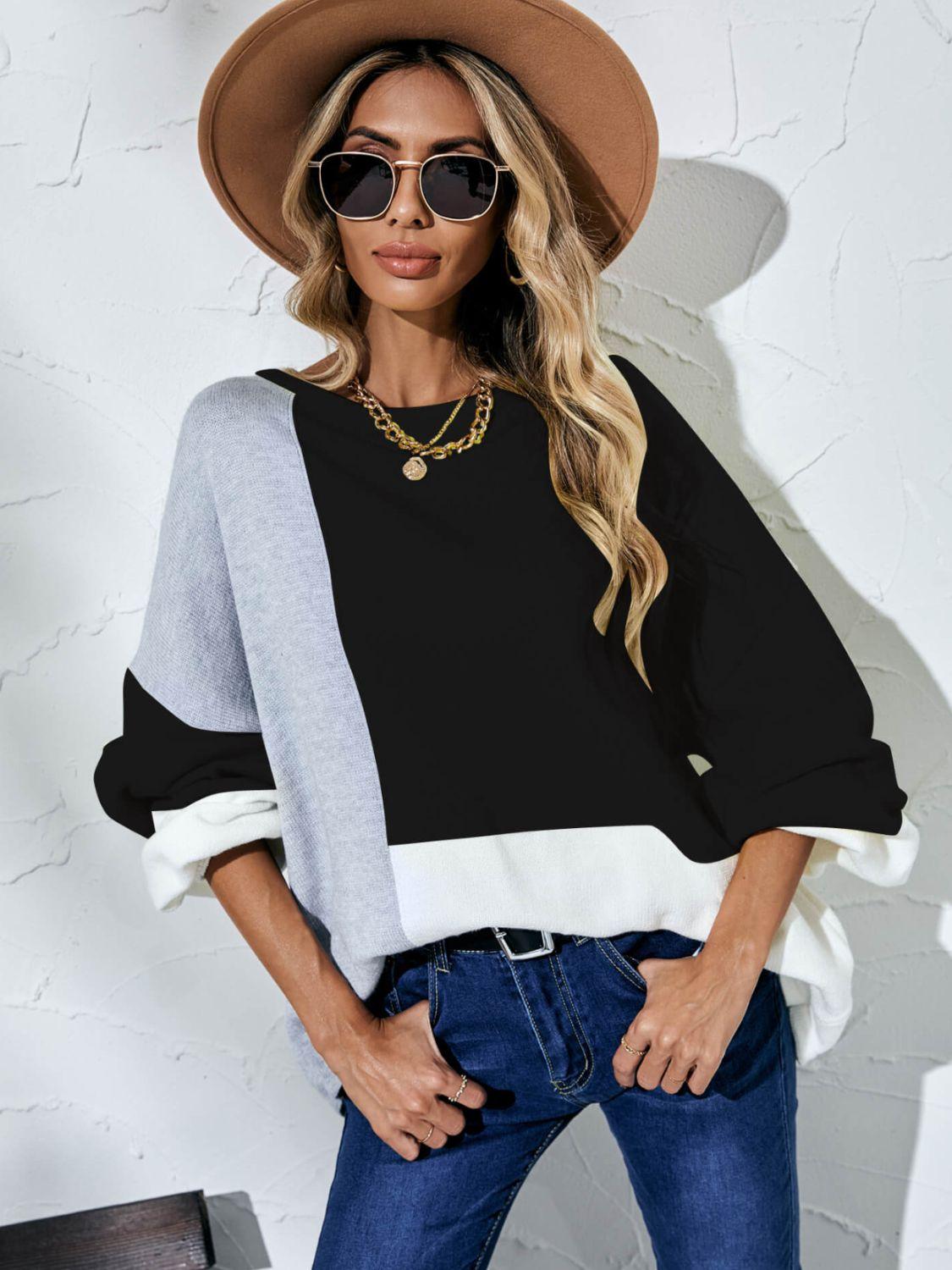 Color Block Balloon Sleeve Boat Neck Sweater - Sweater