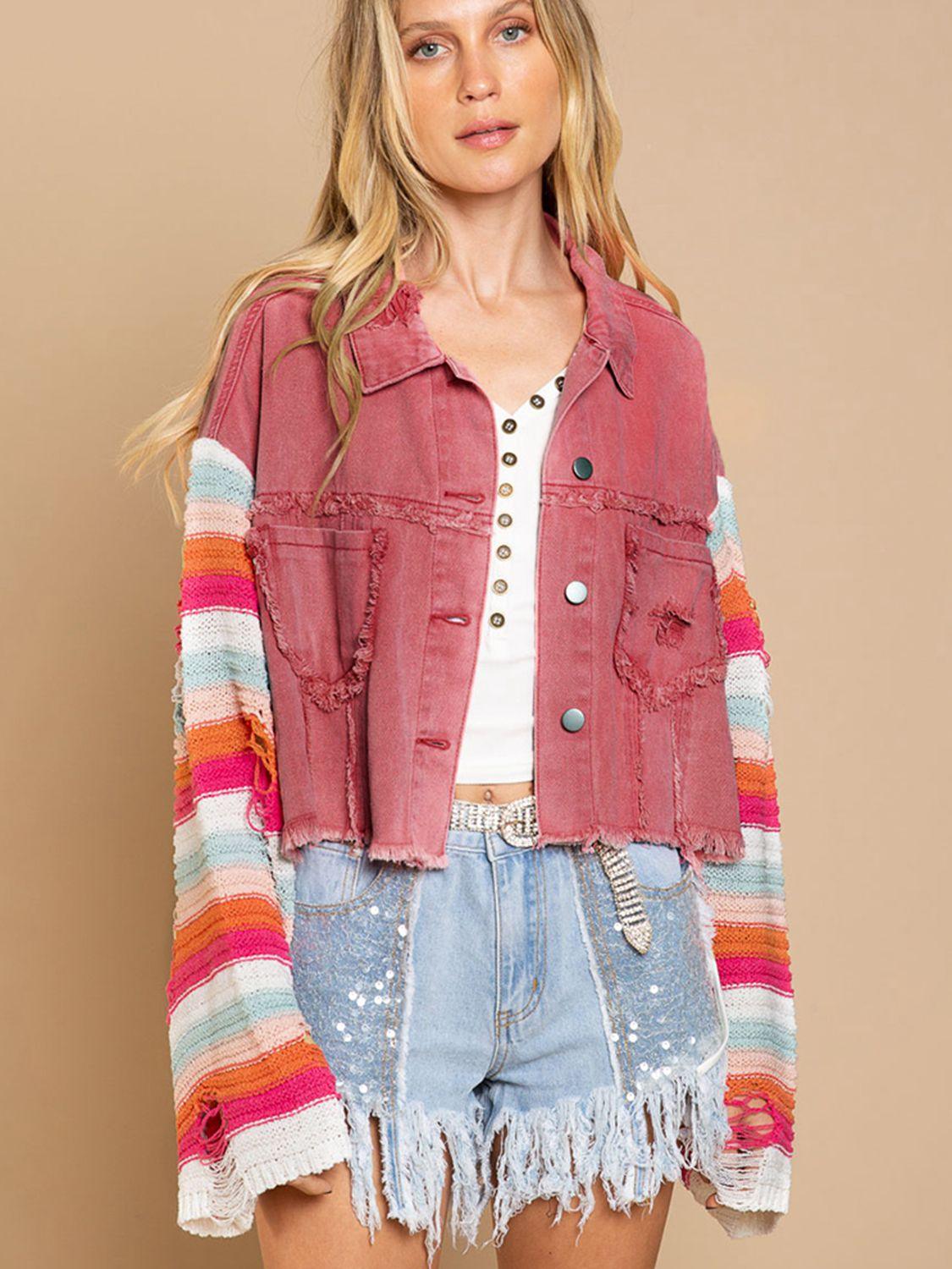 Distressed Striped Long Sleeve Denim Jacket - Jacket