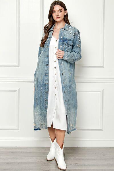 Veveret Distressed Pearl Detail Denim Jacket - Jacket