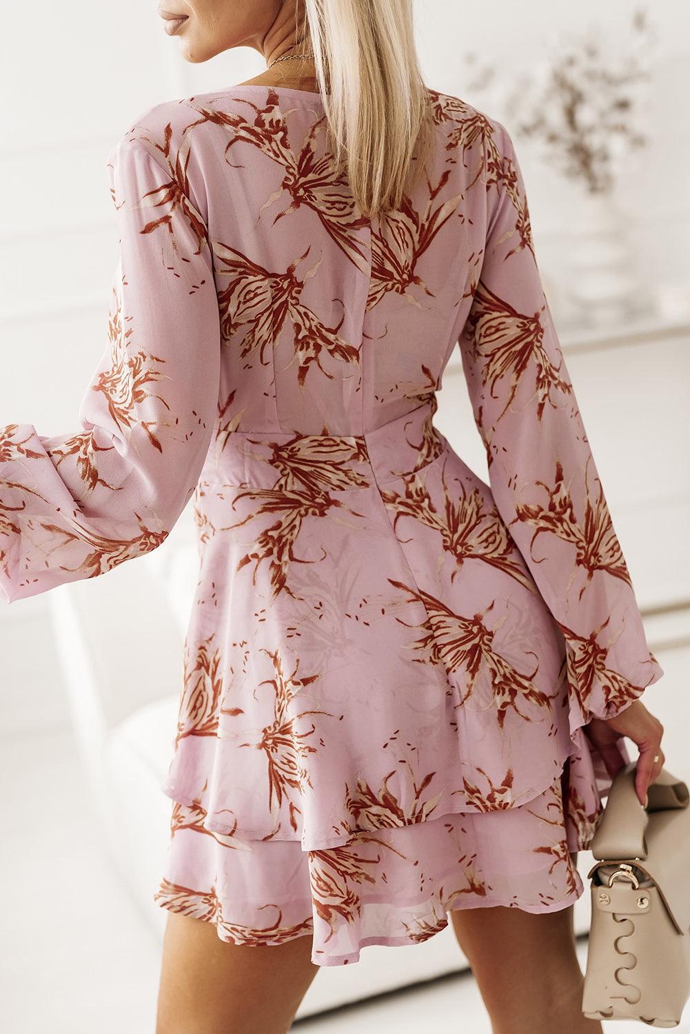 Floral Surplice Balloon Sleeve Mini Dress - Dresses