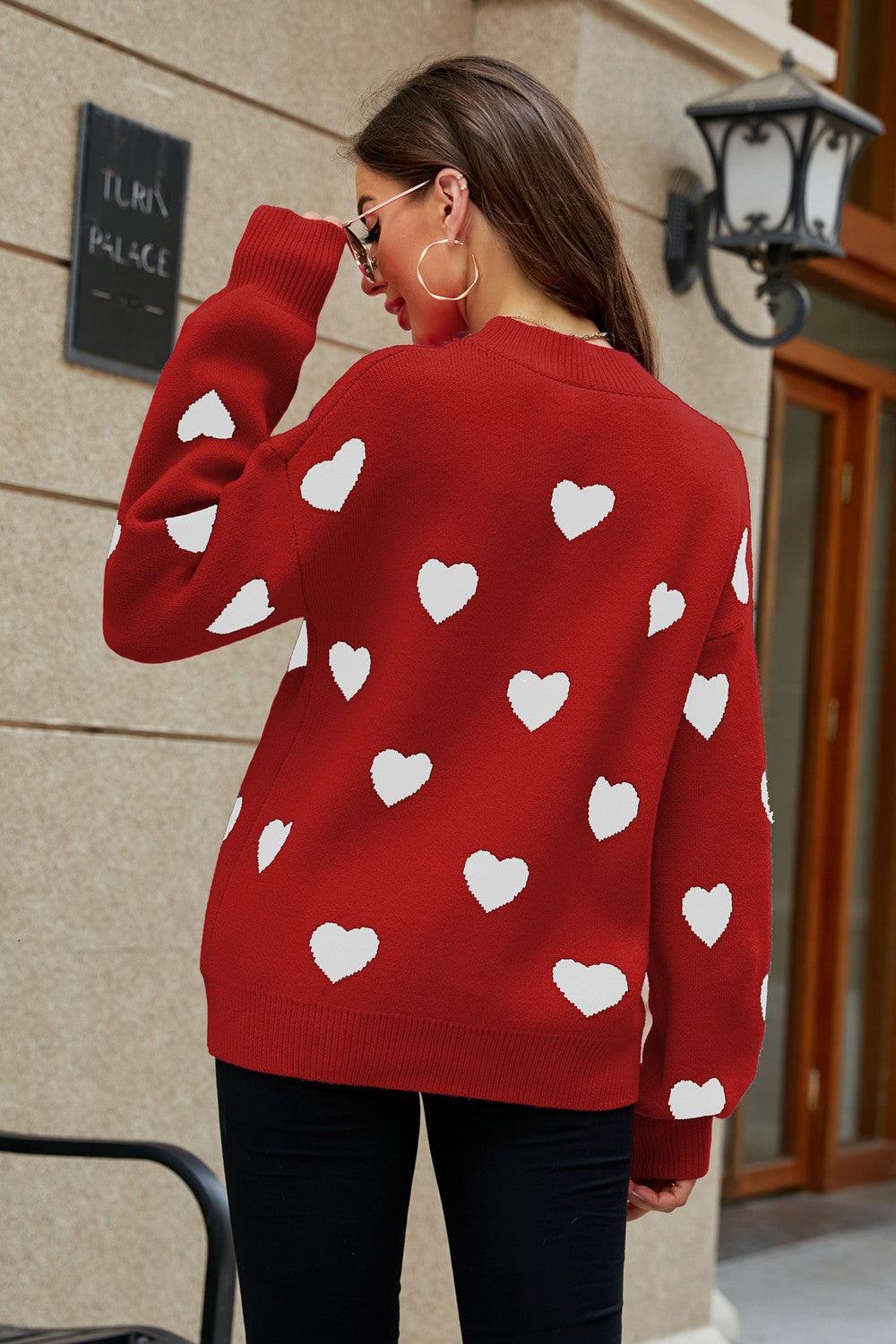 Woven Right Heart Pattern Lantern Sleeve Tunic Sweater - Sweater