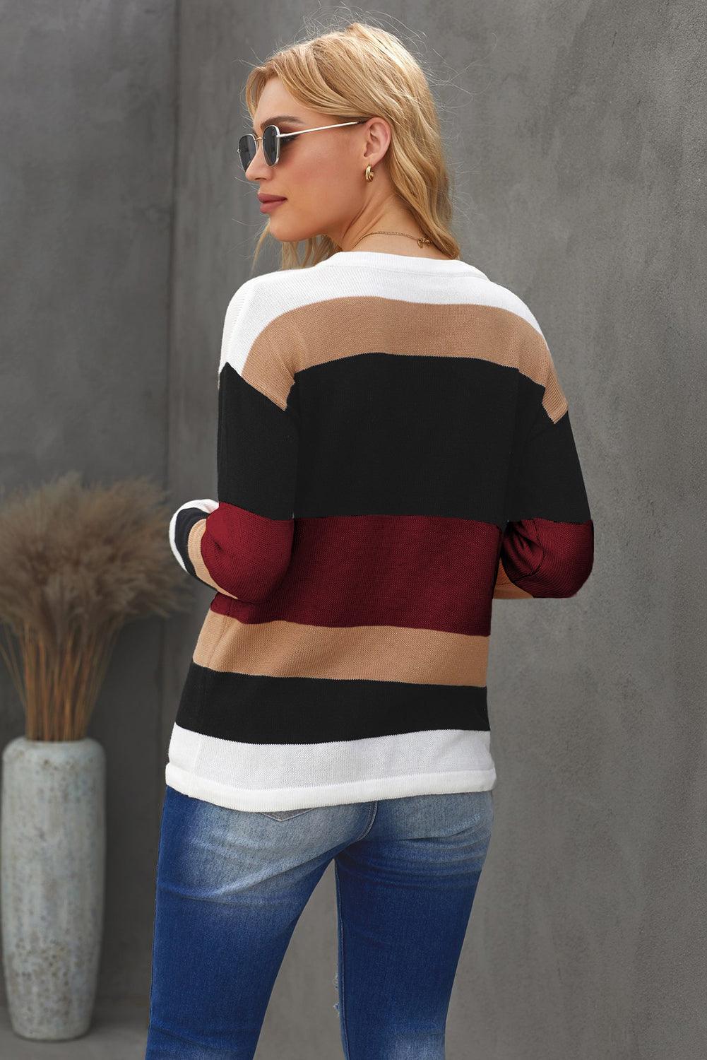 Boat Neck Color Block Dropped Shoulder Knit Top - Top