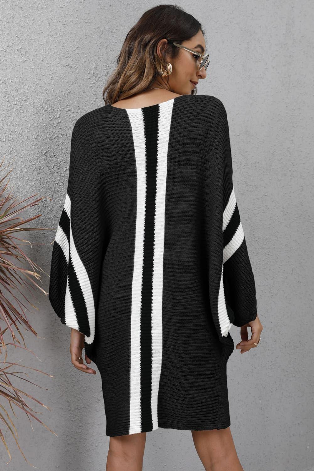 Ribbed Round Neck Long Sleeve Sweater Dress - Dresses