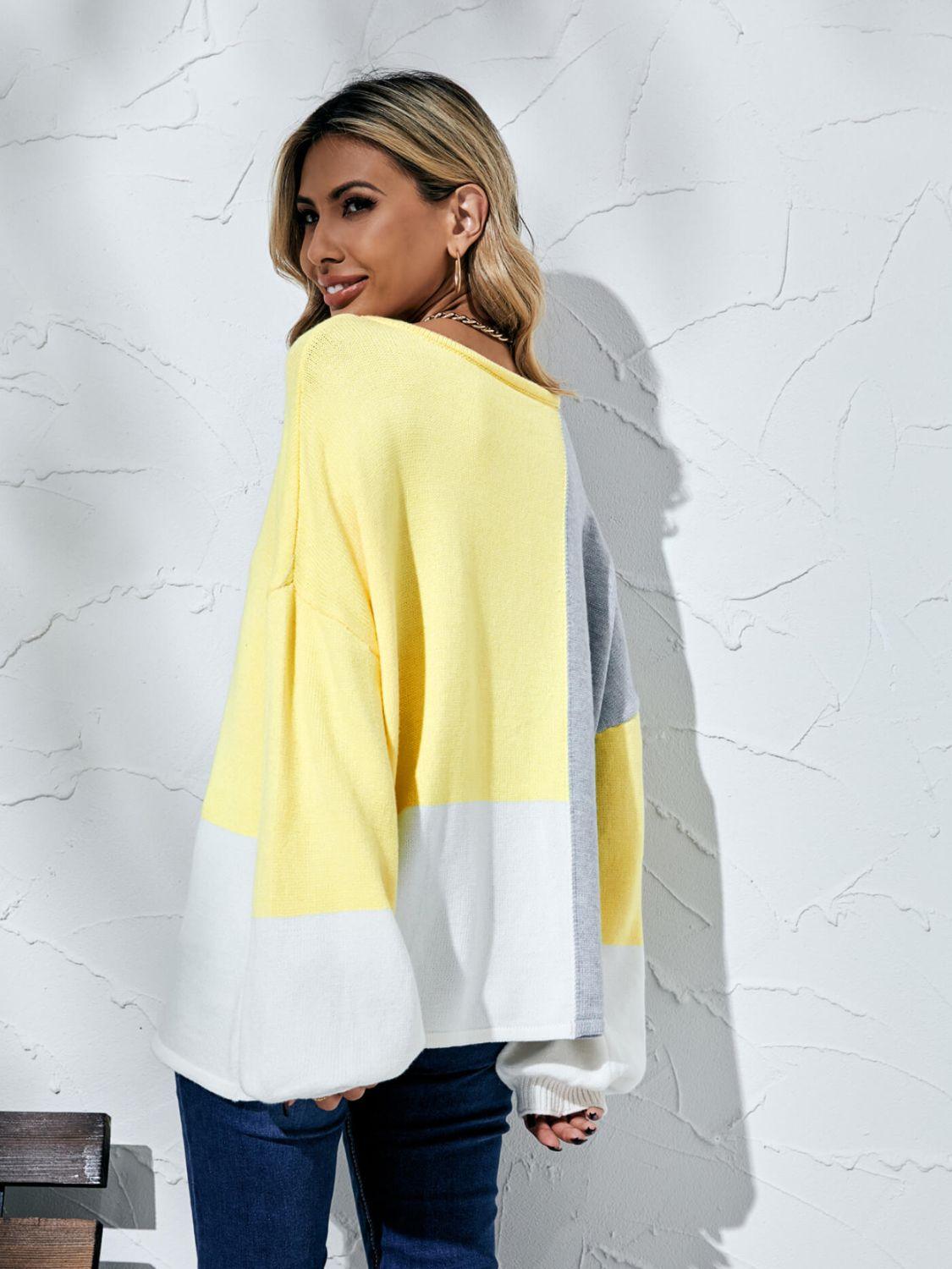 Color Block Balloon Sleeve Boat Neck Sweater - Sweater