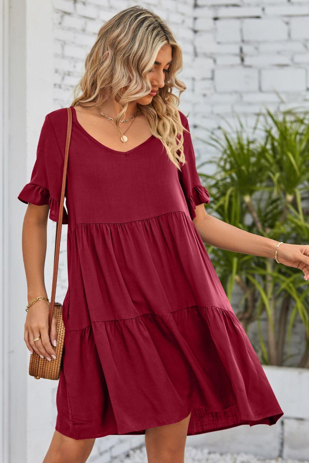 V-Neck Flounce Sleeve Knee Length Ruffle Tiered Dress - Dresses